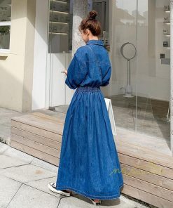 マキシ | ワンピース デニムワンピース 長袖 シャツワンピース デニムシャツ ジャケット 前開き 無地 Aラインワンピ ロングワンピ 可愛い 20代30代40代 ワンピ スリム