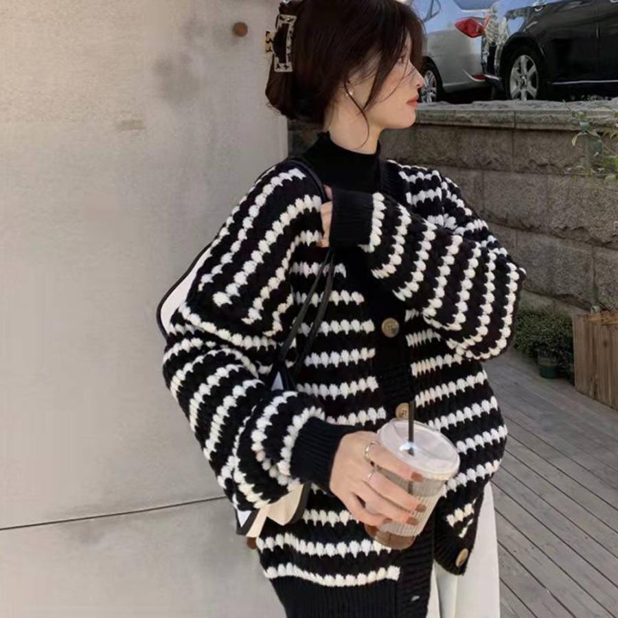 カーディガン | 配色ボーダー柄ニットカーディガンVネック