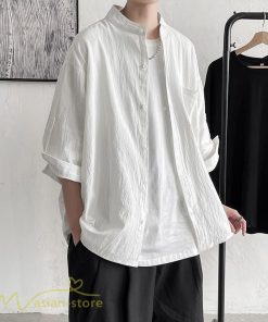 シャツ | メンズ 夏コーデ 2021新作 ライトアウター 5分袖 7分袖 スタンドカラー 麻綿 無地 カッコイイ お出かけ カジュアルトップス 薄手 夏着 アウトドア