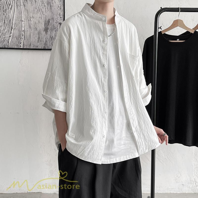 シャツ | メンズ 夏コーデ 2021新作 ライトアウター 5分袖 7分袖 スタンドカラー 麻綿 無地 カッコイイ お出かけ カジュアルトップス 薄手 夏着 アウトドア