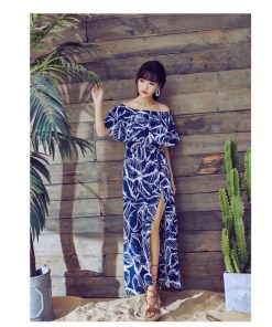 在庫ある | 短納期シフォンロングワンピース フレアビーチワンピ スリットセクシーワンピース ボヘミアワンピ ボートネック 半袖 海 エレガント 着痩せ Aライン フェミニン