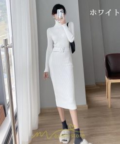 ニットワンピース | レディース 冬 きれいめ ニットフレア ロング おしゃれ タートルネック 秋冬 送料無料 可愛い 20代30代40代50代 ベルト付き おしゃれ 通勤