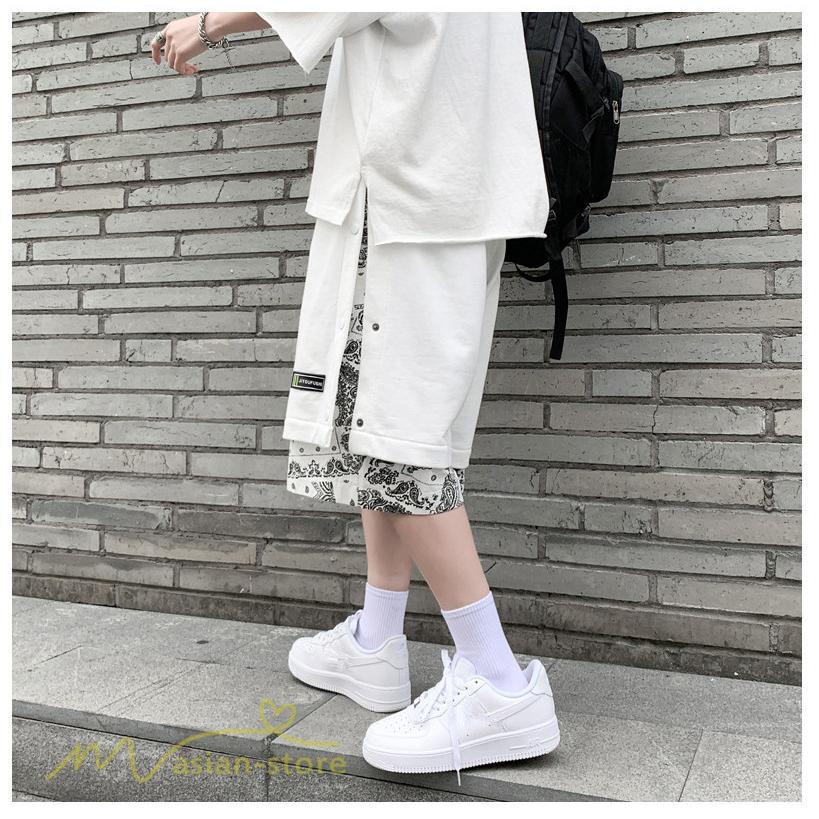 ハーフパンツ ショート | ハーフパンツ メンズ ショート丈 新作 夏コーデ おしゃれ 重ね着 レイヤード風 白 黒 日常感 カジュアル 運動着 ワイドパンツ ゆったり スウェットパンツ 着回し