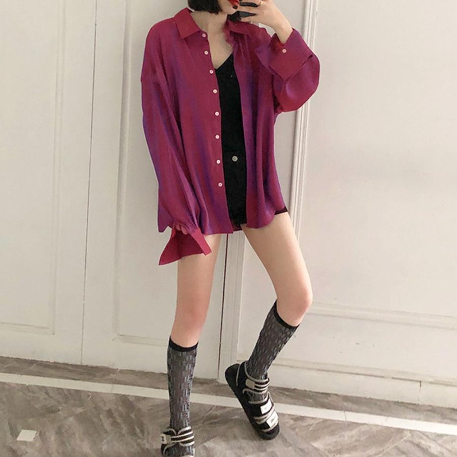 カーディガン | 光沢 サテン 春 レディース ブラウス ロングシャツ 夏 トップス 長袖 カラーシャツ レトロデザイン