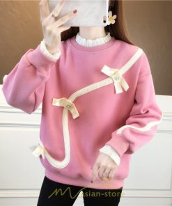 パーカー | トレーナー レディース プルオーバー クルーネック 長袖 レース トップス Tシャツ スウェット ゆったり 蝶結び カジュアル 20代30代40代50代