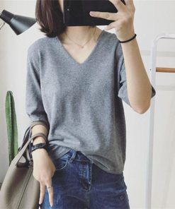 tシャツ・カットソー | Tシャツ カットソー レディース トップス 五分袖 夏服 秋物 リブ 無地 柔らかい Vネック 可愛い ニット インナー 通学通勤 20代30代 スリム 40代50代