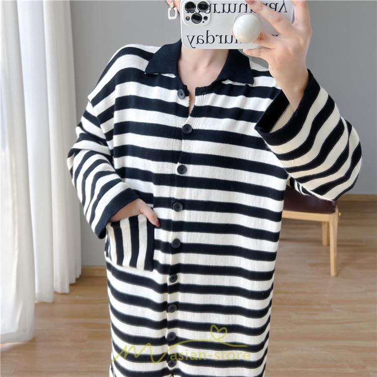 ニットワンピース | ワンピース 秋 秋服 レディース ニット ロングワンピース ロング 長袖 大きいサイズ ゆったり ボーダー柄 スリット お出かけ 部屋着 休日 韓国風 カジュアル