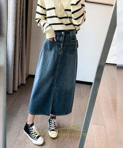 スカート | 秋デニムレディース 秋物 ロングミモレ丈 フロントスリット入れ ポケットあり スリム ストレート 無地 ボトムス キレイめ デニム お洒落