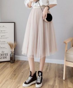 スカート | チュールプリーツウエストゴム 膝丈可愛い ハイウエスト 白 黒 10色 レディース OL 通学通勤 無地 春夏秋 裏地付き