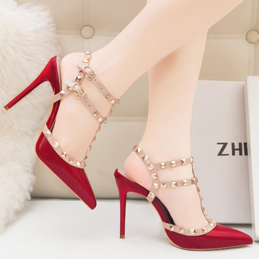 サンダル | ハイヒール キャバパンプス レディース パーティー アンクルストラップ結婚式靴 スタッズpumpsポインテッドトゥ サンダルパンプス