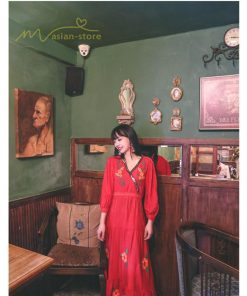 マキシ | ワンピース レディースワンピース 春夏 マキシワンピース ハイウエスト 長袖 二次会 通勤 OL 40代 着痩せ 刺繍 Vネック Aライン カジュアル エスニック 4色