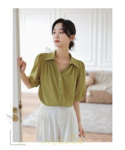 シャツ・ブラウス | ブラウス シャツ トップス レディース 春 夏 半袖 バブルスリーブ シフォン 柔らかい Vネック 着痩せ かわいい 上品 きれいめ エレガント オフィス フォーマル