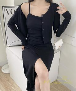 ミディアム | ワンピース タイトワンピース カーディガン セットアップ 2点セット セクシー 膝丈 スリット パーティー スリム キャミソールワンピース 大人 美ライン 無地