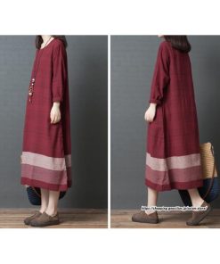 マキシ | リネンワンピース50代レディース綿麻風 長袖秋物 丸ネック 無地 Aラインワンピース ミモレ丈ワンピース サイドポケット ワンピース 30代40代 シンプル 大人