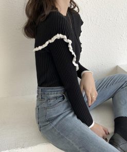 ニット・セーター | 秋冬 スリムフィット フリルトップス長袖 フレア ニットセーター ニットソー リブニットトップス レディース モックネック