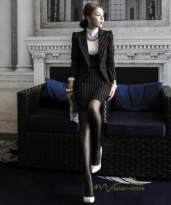 セットアップ | ワンピーススーツ セレモニー スーツ ママ オフィス 通勤用 フォーマル 長袖ジャケット+ノースリーブワンピース レディース 結婚式 ストライプ柄 2点セット