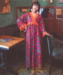 マキシ | ワンピース 長袖 ゆったり 夏秋 レディース 個性的 マキシ丈 楽ちん 体型カバー エスニック 着痩せ 赤 青 オレンジ レトロ 高品質 民族風 20代30代40代 旅行 海