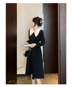 ミディアム | Aラインワンピース 秋コーデ レディース 長袖 膝丈ワンピース 腰リボン付き 美ライン シルエット 無地 フォーマル お呼ばれ 大人 オフィス 黒ワンピース