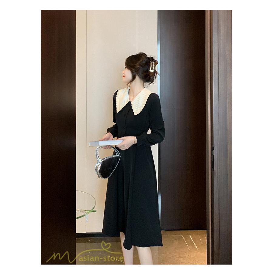 ミディアム | Aラインワンピース 秋コーデ レディース 長袖 膝丈ワンピース 腰リボン付き 美ライン シルエット 無地 フォーマル お呼ばれ 大人 オフィス 黒ワンピース