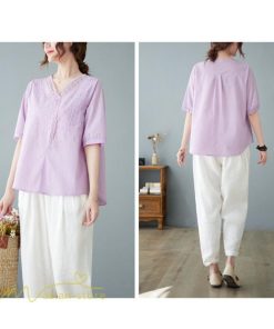 tシャツ・カットソー | Tシャツ ブラウス レディース Vネック カジュアル エレガント 半袖 30代 40代 カットソー 夏新作 おしゃれ 大きいサイズ 体型カバー コットン 麻混 ゆったり