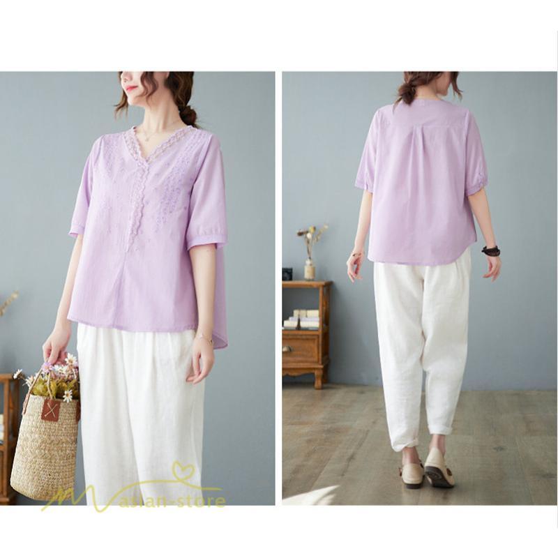 tシャツ・カットソー | Tシャツ ブラウス レディース Vネック カジュアル エレガント 半袖 30代 40代 カットソー 夏新作 おしゃれ 大きいサイズ 体型カバー コットン 麻混 ゆったり