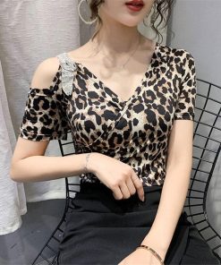 Tシャツ・カットソー | Tシャツ 肩だし クロスVネック コットン トップス 半袖 ヒョウ柄 無地 レディース スタイリッシュ 個性的 エレガント セクシー 着痩せ 気質 フェミニン