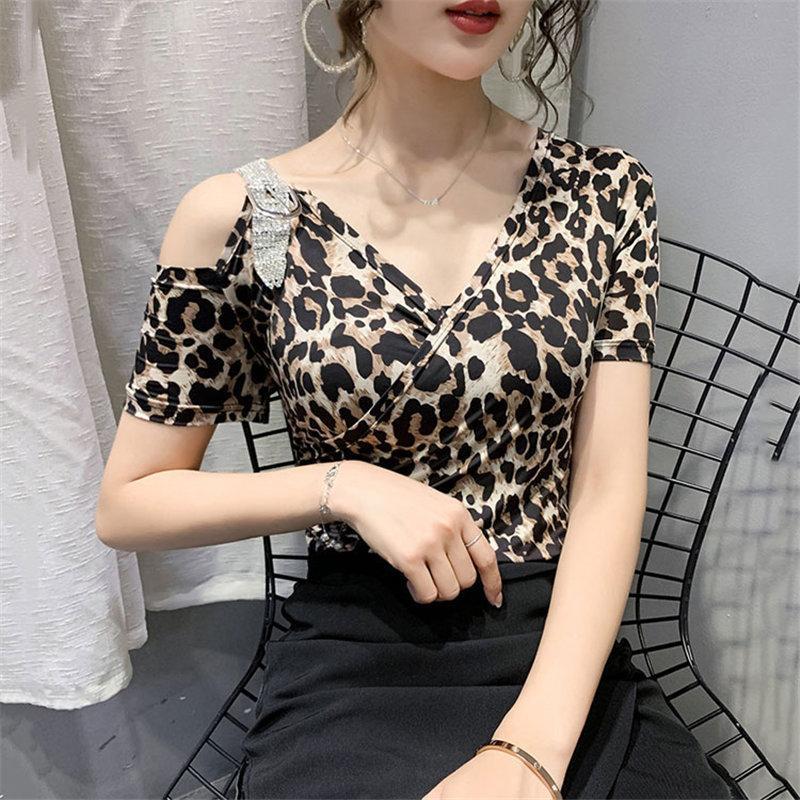 Tシャツ・カットソー | Tシャツ 肩だし クロスVネック コットン トップス 半袖 ヒョウ柄 無地 レディース スタイリッシュ 個性的 エレガント セクシー 着痩せ 気質 フェミニン