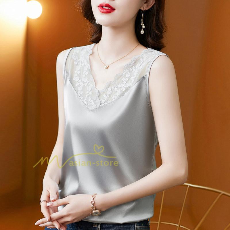 キャミソール タンクトップ | トップス タンクトップ レディース ノースリーブ Vネック Vネックタンク 20代30代40代50代 ママ 母 インナー カジュアル お出かけ カシュクール レース付き
