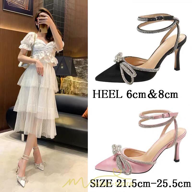 パンプス | ハイヒール パーティー ストラップ サンダル 蝶結び 人工水晶 きらきら 6cm8cmヒール 結婚式 ヒール 長時間 夏 華奢魅せ 美脚 靴 疲れない