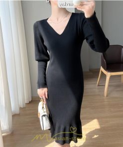 ニットワンピース | ニット ワンピース ロング Vネック ニットワンピ 長袖 ブラック 2022秋冬 ブルー マーメイド フリル セクシー 通勤 おしゃれ キレイめ ミモレ丈 上品