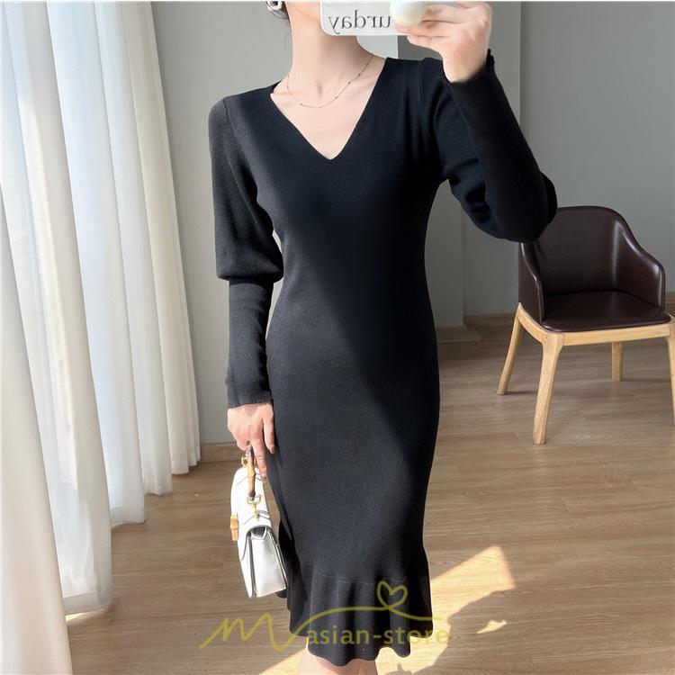 ニットワンピース | ニット ワンピース ロング Vネック ニットワンピ 長袖 ブラック 2022秋冬 ブルー マーメイド フリル セクシー 通勤 おしゃれ キレイめ ミモレ丈 上品
