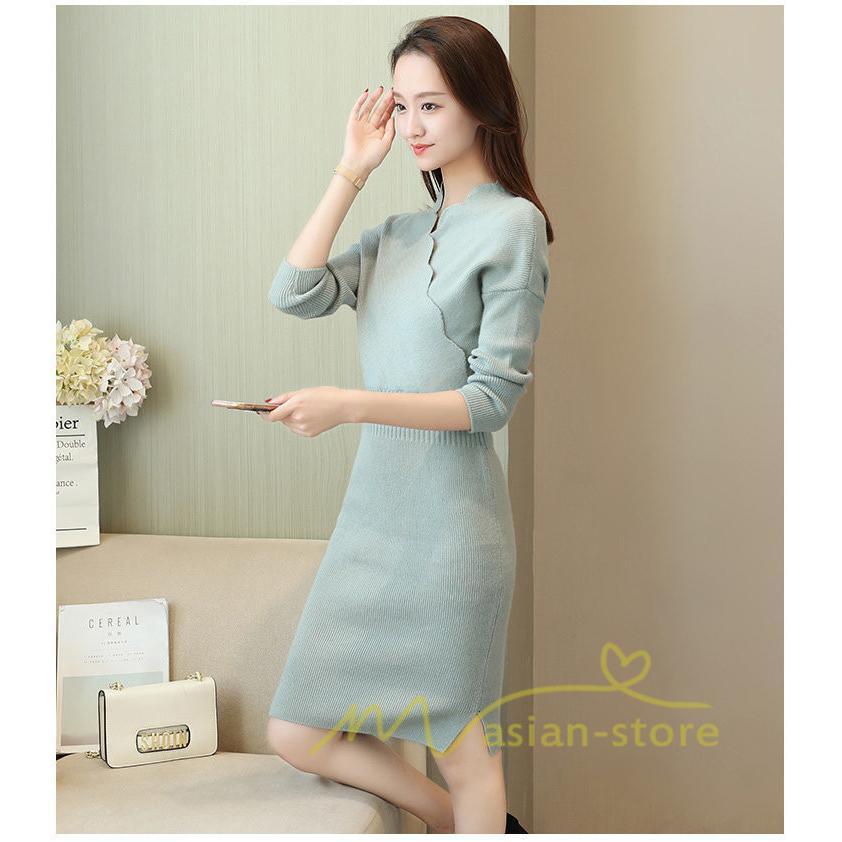 在庫ある | 短納期ニットワンピース 膝丈ワンピース タイトワンピース 長袖 インナー カットソー Vネック エレガント 着痩せ シルエット ビジネスオフィスフォーマル
