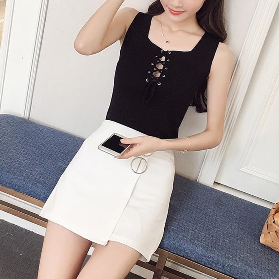 Tシャツ・カットソー | ニットキャミソール レースアップ 春夏 ノースリーブ レディース ニットビスチェ タンクトップ トップス