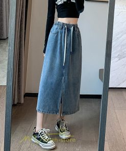 スカート | ウエストゴムデニムロング秋冬 ミモレ丈 秋物 レディース ひも付き フロントスリット Aライン大きいサイズあり スカート 6XL デニム