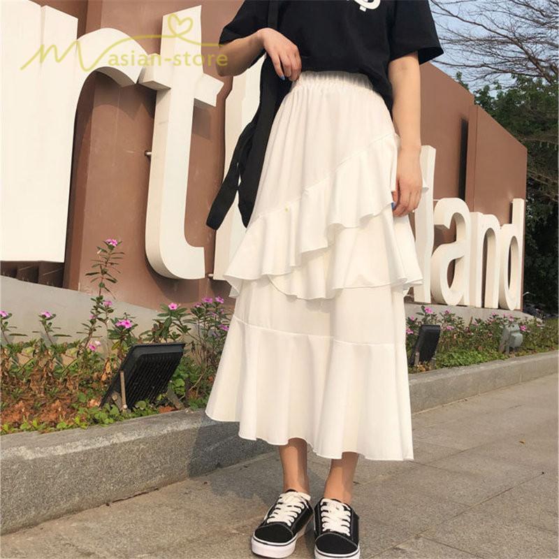 スカート | Aライン フレア裾 不規則アシンメトリー シフォン 韓国風 ティアード フリーサイズ 2020夏コーデ プリーツフレア ウエストゴム ハイウエスト