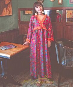 マキシ | ワンピース 長袖 ゆったり 夏秋 レディース 個性的 マキシ丈 楽ちん 体型カバー エスニック 着痩せ 赤 青 オレンジ レトロ 高品質 民族風 20代30代40代 旅行 海
