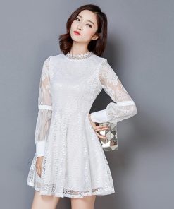 ワンピース | 総レース パーティードレス スカラップ ベルト付き パフスリーブ フレアワンピ 披露宴 レディース 透け感