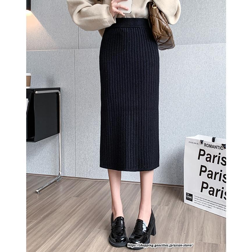 スカート | ニットストレッチレディース 秋冬 ロング丈 ミモレ丈 後ろスリット入れ タイトウエストゴム スリム リブニット 大人