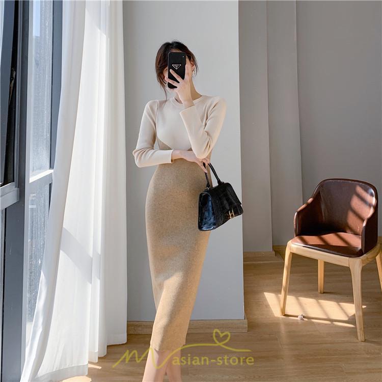 ニットワンピース | ワンピース 秋 秋服 レディース ニット ロングワンピース ロング 長袖 冬 冬服 タイト 切り替え 着痩せ お出かけ 韓国風 20代30代40代50代 通勤 2022新作
