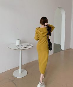 ニットワンピース | ワンピース 秋冬 リブニット ロングワンピース ミモレ丈 無地 フード付き 帽子 ストレッチ 大人 長袖 セーター 50代 20代30代 アウター 大人