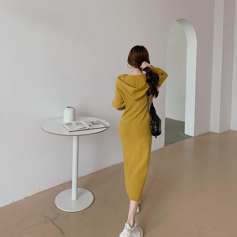 ニットワンピース | ワンピース 秋冬 リブニット ロングワンピース ミモレ丈 無地 フード付き 帽子 ストレッチ 大人 長袖 セーター 50代 20代30代 アウター 大人