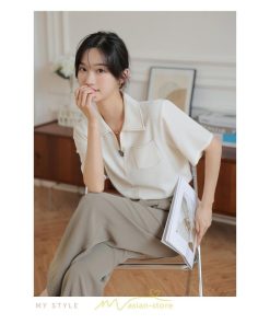 シャツ・ブラウス | ブラウス シャツ 夏 半袖 レディース 白 緑 無地 Vネック 開襟 胸ポケット 通気性 シンプル フランス風 女性 オフィス エレガント 上品 着痩せ 通勤 華奢見え OL