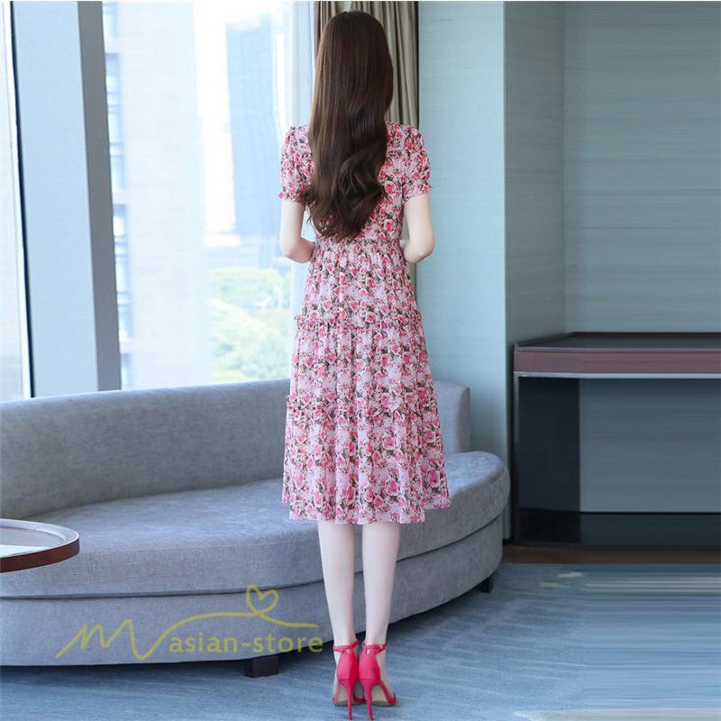 ミディアム | ワンピース レディース Aライン カジュアル Vネック サマー 半袖 ひざ丈 ミディアムワンピース 大きいサイズ 上品 花柄 着痩せ サマーワンピース 夏服