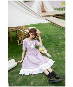 マキシ | ワンピース レディース 春夏 半袖 ハーフスリーブ ワンピース セーラーカラー ロング丈 マキシ丈 フレア お出かけ ビッグ裾幅 ゆったり ワンピース かわいい