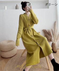 ニットワンピース | ニット ワンピース レディース 秋冬 春  Vネック 長袖 ロング丈 スリット キレイめ 上品 お出かけ 送料無料 女子会 二次会 同窓会 デート