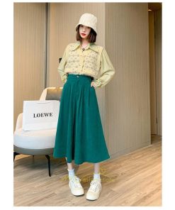 スカート | コーデュロイ台形秋冬 Aライン バッグゴム サイドポケット リブ 広い裾幅 通学通勤 オフィス ミモレ丈 可愛い ロング丈 低身長