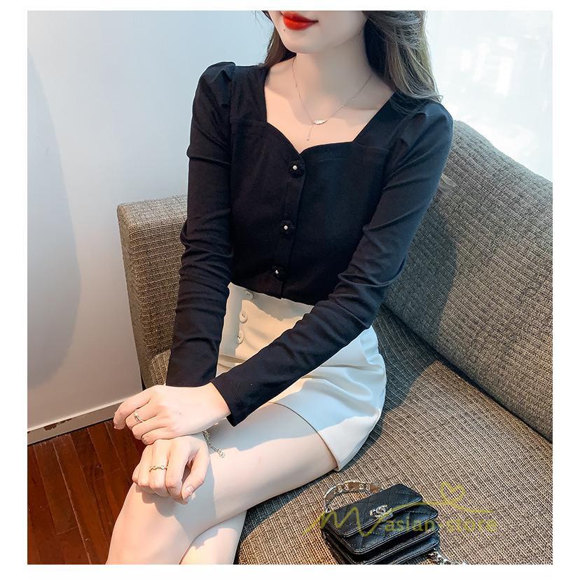 tシャツ・カットソー | ショート丈Tシャツ レディース 長袖Tシャツ カットソー タイト スリム 無地 トップス 綿 秋物 可愛い 小さい 通学通勤 20代30代 インナー 綿Tシャツ