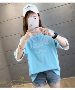 ｔシャツ・カットソー | ワイドTシャツ レディース ロング丈 5分袖 刺繍 韓国風 重ね着風 丸首 Tシャツ トップス 着痩せ 細身 カジュアル 人気 日常 上品 2021 アウトドア 夏新作 薄手