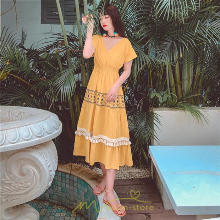 マキシ | ワンピース エスニック 綿麻 エスニックファッション 春ワンピ 夏ワンピ コットン リネン かわいい おしゃれ ハイウエスト バカンス 刺繍 Vネック リゾート 旅行