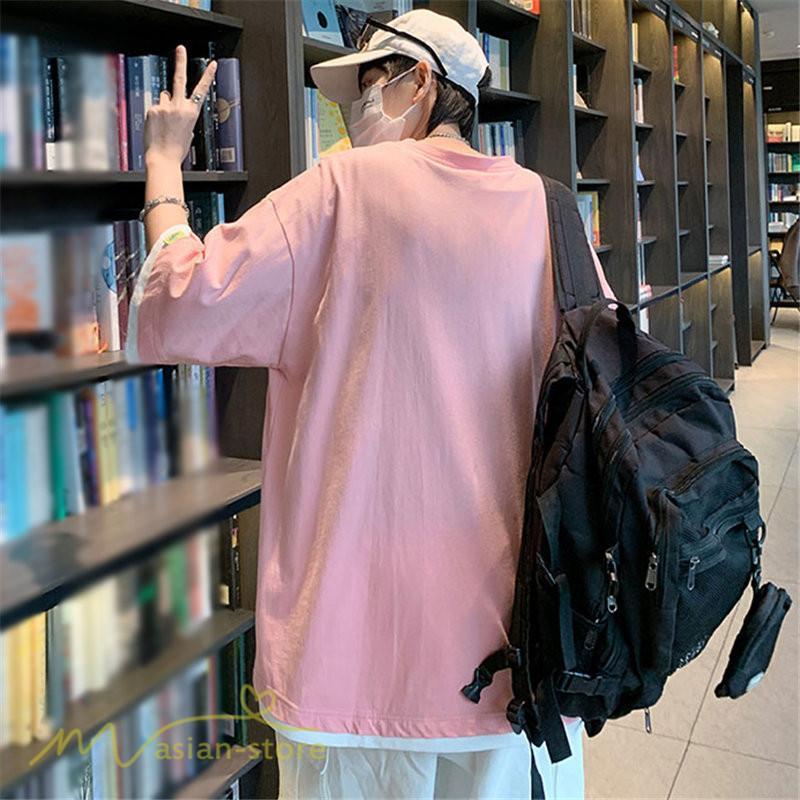 Tシャツ | メンズ 夏物 半袖 五分袖 フェイク レイヤード 重ね着風 無地 おしゃれ プルオーバー オーバーサイズ カジュアル 30代 20代 40代 ゆったり 男性着